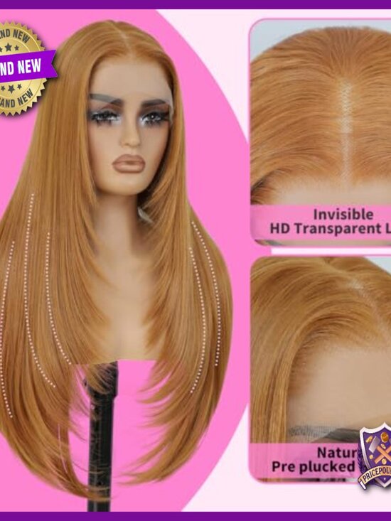 13x4 Synthetic Lace Front Wig 26 Inch Long Layered Straight With Bangs main image 4